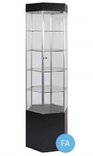 Black Hexagonal Tower Display Case With Light - Metal Framed