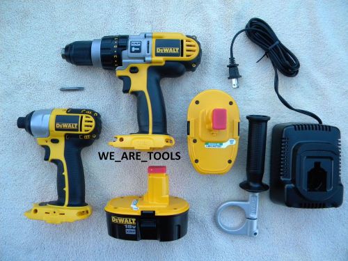 New dewalt dcd950 18v 1/2 hammer drill,dc825 impact, 2 dc9096 batteries, charger for sale