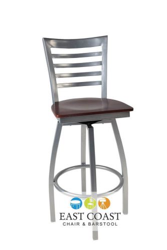 New Gladiator Silver Full Ladder Back Swivel Bar Stool w/ Mahogany Wood Seat