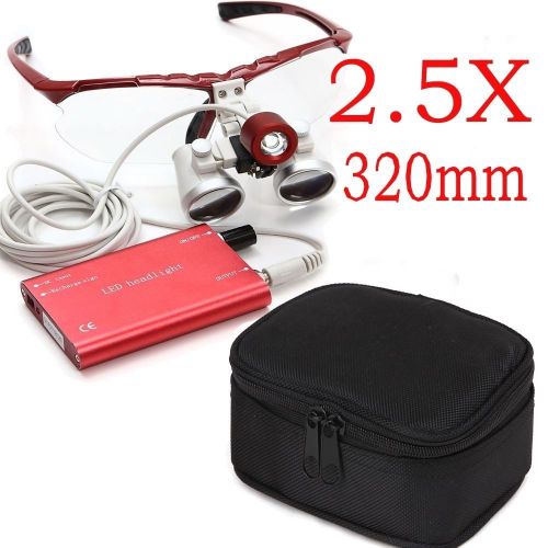 Red Dental Binocular Optical Glass Loupes LED Head Light 2.5X320mm + Case box