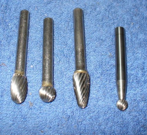 4 CARBIDE BURS,    1/4&#034; shank,  (y64),  used, USA.,  burrs, FREE SHIPPING