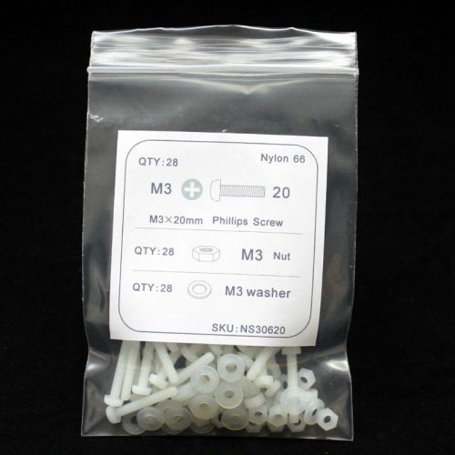 Nylon Phillips Screws M3x20mm QTY 28pcs M3 Nuts M3 Washer QTY 56pcs NS30620