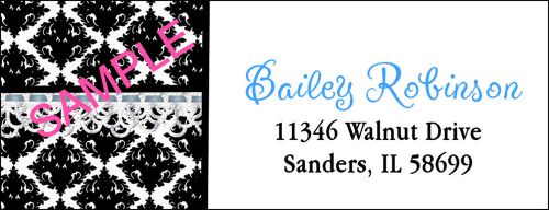 BLACK DAMASK BACKGROUND  &amp; BLUE LACE #85 LASER RETURN ADDRESS LABELS