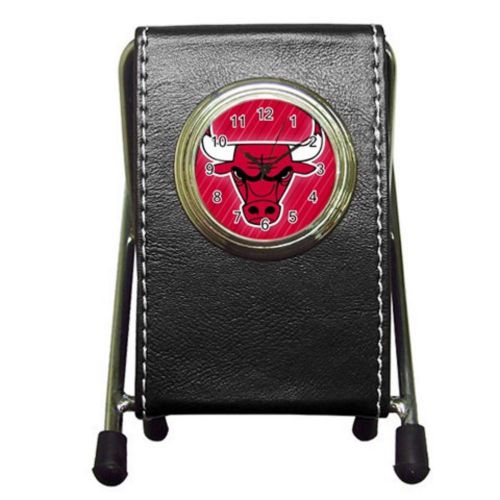 Custom Chicago Bulls Leather Pen Holder Desk Clock (2 in 1) Free Shipping