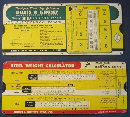 2 OLD DREIS &amp; KRUMP MFG CO CHICAGO STEEL BLANK &amp; WEIGHT CALCULATOR SLIDE RULES