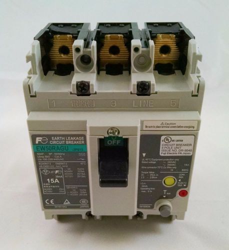 FUJI ELECTRIC EW50RAGU 3P015 SWITCH 15 AMP 3-POLE EARTH LEAKAGE CIRCUIT BREAKER