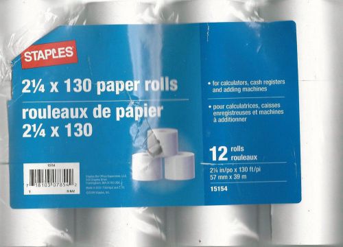 STAPLES ADDING MACHINE CALCULATOR ROLL PAPER 2-1/4&#034; x 130&#039; WHITE 12 PACK FREE SH