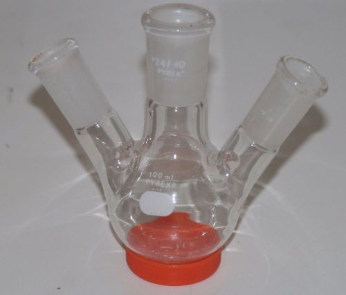 Pyrex glass 100 ml round bottom 3-neck flask - 24/40 ctr 19/38 sides for sale