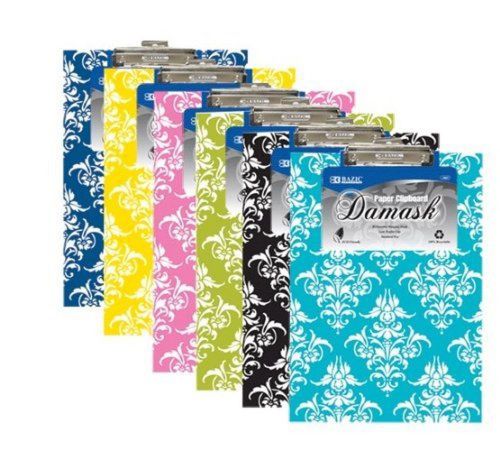 6 Pk BAZIC Standard Size Damask Paperboard Clipboard w/ Low Profile Clip (Col...