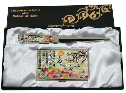 white ume &amp; crane Business card holder case envelope letter opener gift set #34