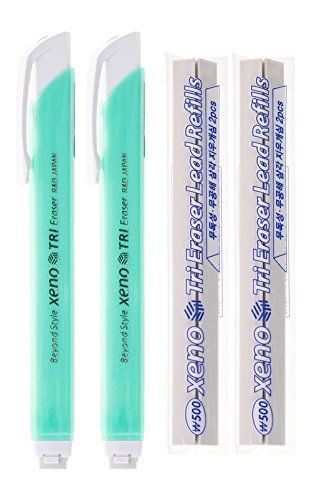 Xeno Tri-II Retractable Click Eraser Bundle with 4-Pack Refill, Green (2-Pack)
