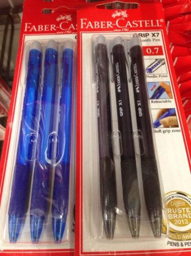 3 + 3 x Faber Castell Grip X7 Series Black &amp; Blue Ball point 0.7mm head pens set