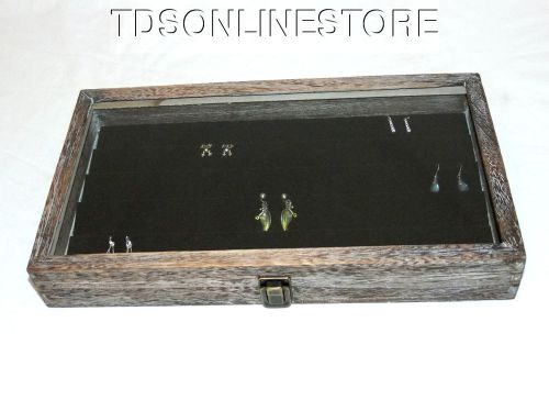 Rustic Coffee Brown Glass Top Jewelry Case With 90 Earring Black Insert