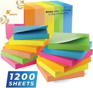 Sticky Notes 3x3, Bright Colorful Stickies, 12 Pads 1200 Sheets Total, Strong Se