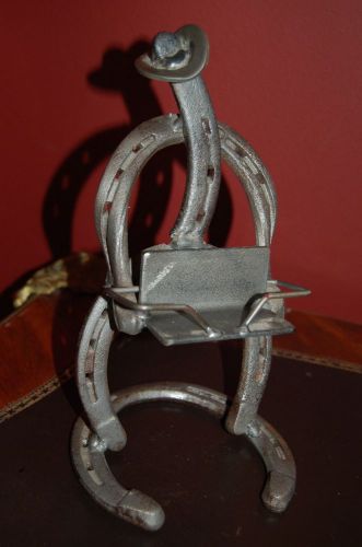 UNIQUE METAL COWBOY CUSTOM WESTERN HORSESHOE ART BUSINESS CARD HOLDER NICE!