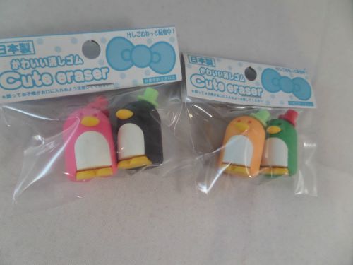 Yumenoaru Penguin Erasers total 4pc pink,black,green,orange Japanese Collectible