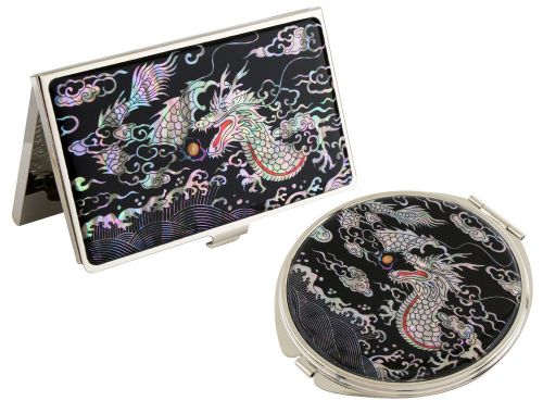 Nacre dragon black Business card holder case Makeup compact mirror gift set  #53