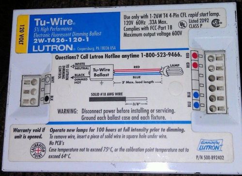 Lutron Tu-Wire Dimming Ballast 26W T4 CFL 120V 2W-T426-120-1