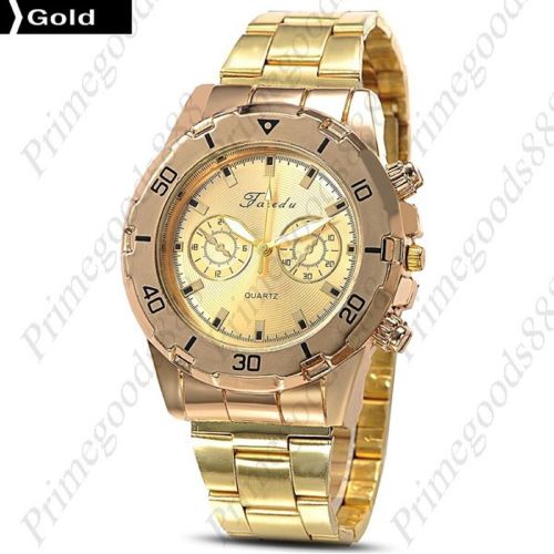 Business Golden Alloy Crystal Sub Dials Wristwatch Quartz Analog Men&#039;s Gold Face