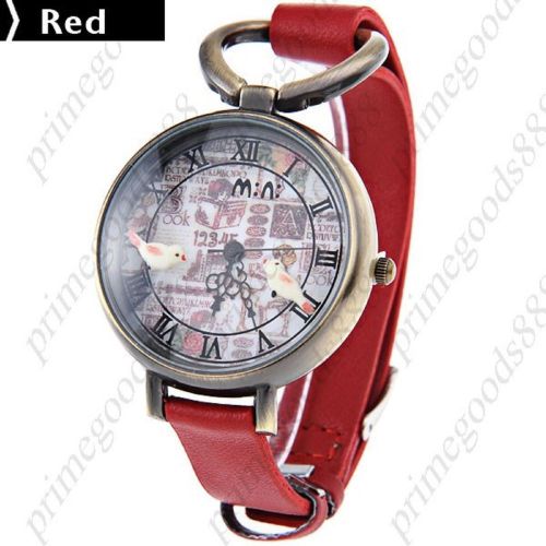 3D Birds PU Leather Quartz Analog Wrist Lady Ladies Wristwatch Women&#039;s Red