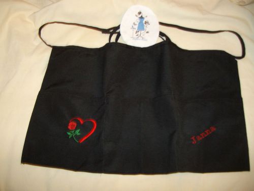 Black server waiter waitress waist apron hearts &amp; rose name added for free for sale