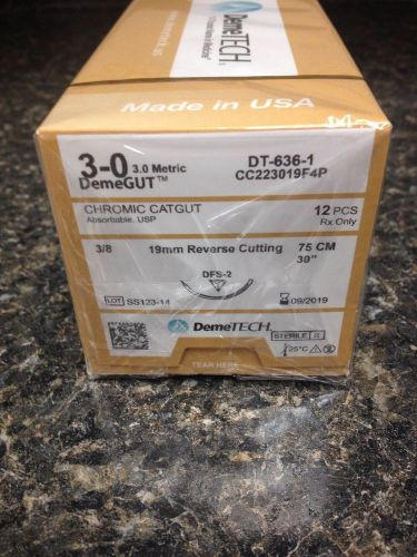 Demetech Chromic CatGut, 3-0, 3/8, 19mm Reverse Cutting, 30&#034; (75cm), DT-636-1