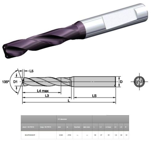 KENNAMETAL B224F09500HP KC7315 DIA 9.5 MM (0.3740&#039;&#039;) SC DRILL OAL 89 COOLANT