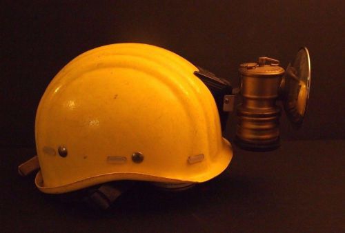 Vintage Yellow Fiberglass Hard Hat w/Premier Miner&#039;s Head Lamp