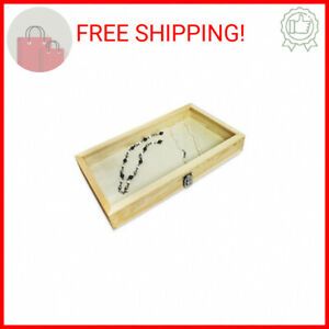 Wood Glass Top Jewelry Display Case Accessories Storage, Natural Wood Color