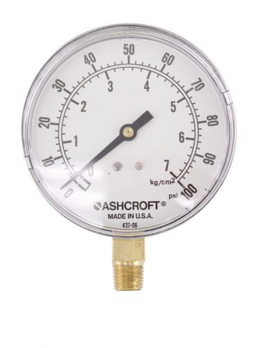 Ashcroft 3-1/2&#034; 0-100psi 0-7kg/cm? 1/4&#034;npt brass lower mount pressure gauge 3.5&#034; for sale