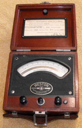 ANTIQUE 1930&#039;S WESTON D.C. MICROAMMETER MODEL 322 W/ORIGINAL WOODEN CASE/ID CARD