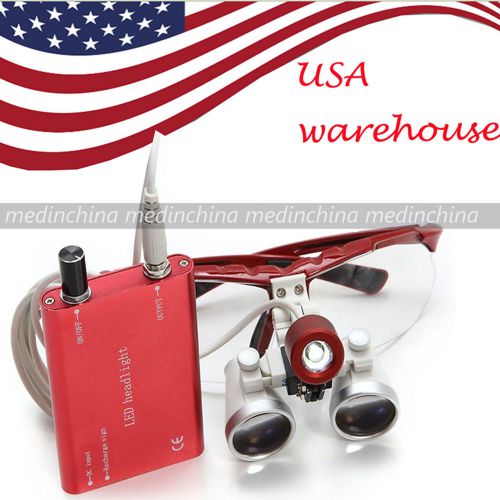 USA Ship!! Red Dental Loupes 3.5X 420mm Surgical Binocular LED Head Light Lamp