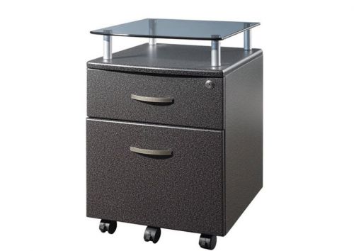 2 Drawer Rolling File Cabinet Graphite Finish Glass Shelf Scanner Printer Stand