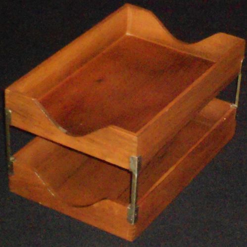 Wooden DESK TRAYS(2-Tier) with BRASS Hardware. VINTAGE Wood Desktop Organizer