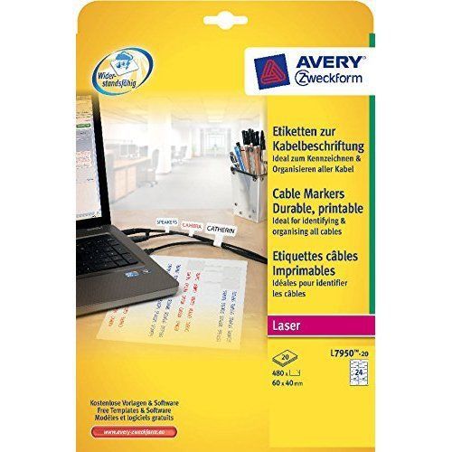Avery zweckform l7950 cable labels 20 sheets / 480 labels / 60 x 40 mm white for sale