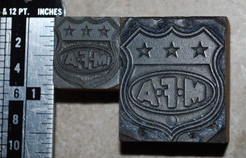 Vintage Letterpress Printer&#039;s Block M F A logo, two blocks