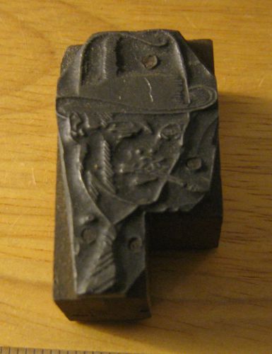 1 Printing Block Wood Type Face of a 40&#039;s Man &amp; Hat &amp; tie &amp; cigarette 1-15/16 h