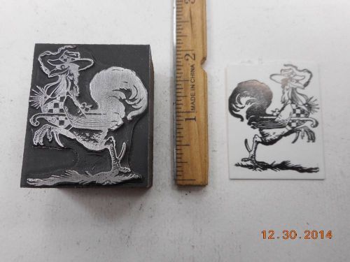 Letterpress Printing Printers Block, Cocky Rooster Bird in Vest Smokes Cigar