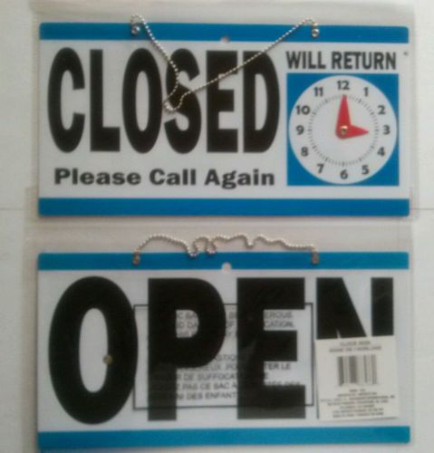 REVERSIBLE BLUE OPEN / CLOSED SIGN WITH WILL RETURN CLOCK &amp; HANG SIGN W/CHAIN