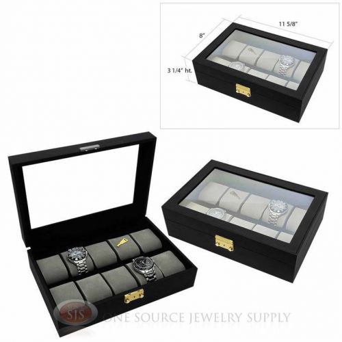 (2) 10 Watch Black Faux Leather Watch Cases with Gray Velvet Lining Displays