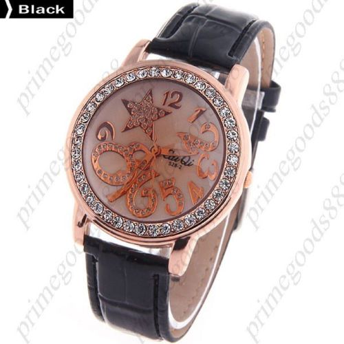 Round star pu leather lady ladies wrist quartz wristwatch women&#039;s black for sale