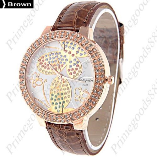 Butterfly rhinestones pu leather quartz wristwatch lady ladies women&#039;s brown for sale