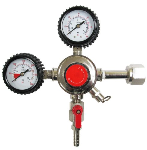 Primary dual-gage CO2 regulator with a shut-off valve and rubber gauge jackets
