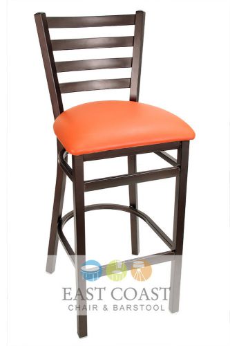 New Gladiator Rust Powder Coat Ladder Back Metal Bar Stool w/ Orange Vinyl Seat