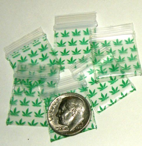 200 Mini Ziplock Bags Green Leaves 0.75 x 0.75&#034; Apple reclosable baggies 3434