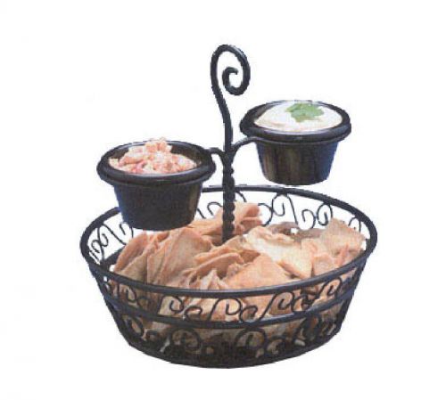 Chip &amp; Dip Basket, 9&#034; dia. x 9-1/4&#034;H,includes(2)4oz. ramekins, black wrough iron