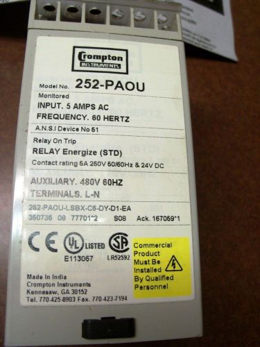 Crompton 252-PAOU-LSBX-C6-DY-D1-EA - Trip Relay - 5AMP - 60Hz - Tyco - NIB