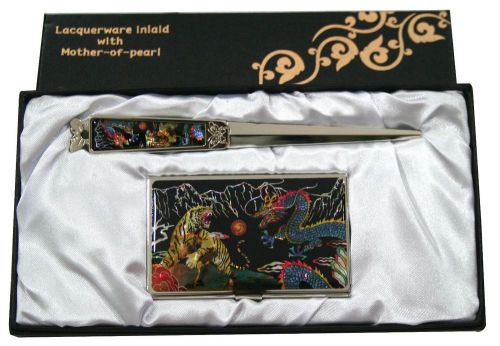 Nacre tiger &amp;dragon Business card holder case envelope letter opener gift set#60