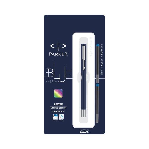 Parker Vector Limited Edition Dark Blue Body Chrome Trim Fountain Pen, Blue Ink