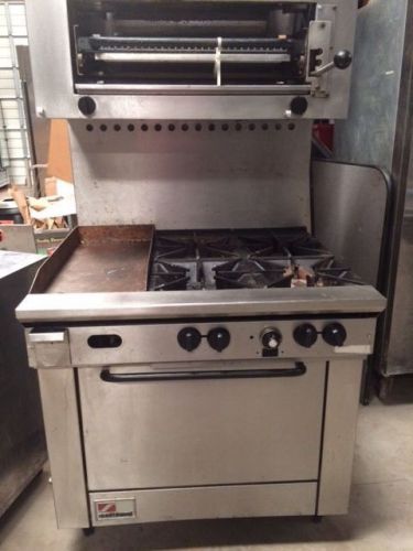 SOUTHBEND 4 BURNER, 12&#034; GRIDDLE, STANDARD OVEN AND SALAMANDER